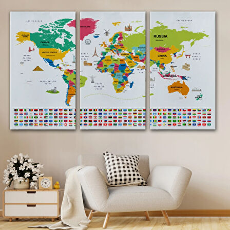 Ülke Başkentli ve Bayraklı İngilizce Dünya Haritası Dekoratif Kanvas Tablo, Duvar Dekoru 1951