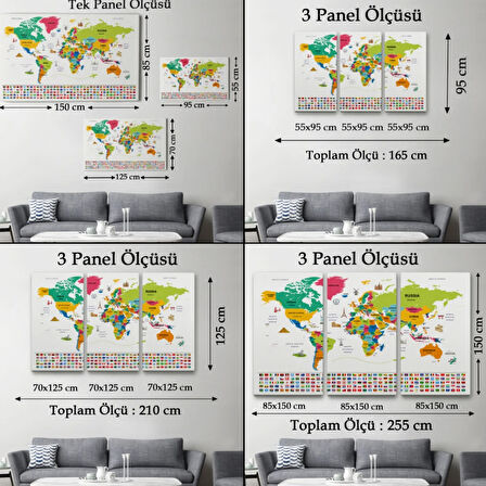 Ülke Başkentli ve Bayraklı İngilizce Dünya Haritası Dekoratif Kanvas Tablo, Duvar Dekoru 1951