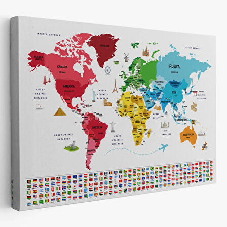 Ülke Bayrakları, Ünlü Yerler, Türkçe Dünya Haritası Dekoratif Kanvas Tablo, Duvar Dekoru 1958