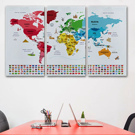 Ülke Bayrakları, Ünlü Yerler, Türkçe Dünya Haritası Dekoratif Kanvas Tablo, Duvar Dekoru 1958