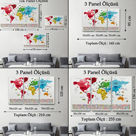 Ülke Bayrakları, Ünlü Yerler, Türkçe Dünya Haritası Dekoratif Kanvas Tablo, Duvar Dekoru 1958