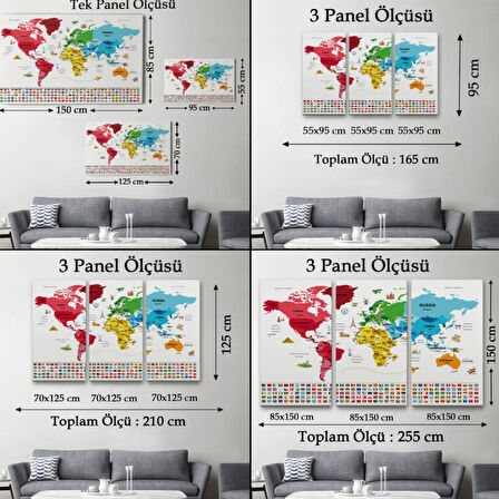 Ülke Başkentli ve Bayraklı İngilizce Dünya Haritası Dekoratif Kanvas Tablo, Duvar Dekoru 1959