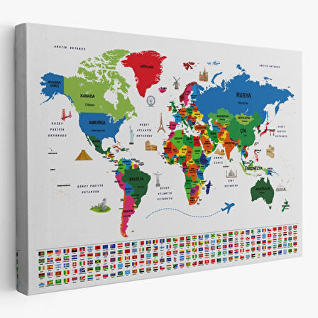Ülke Başkentli ve Bayraklı Türkçe Dünya Haritası Dekoratif Kanvas Tablo, Duvar Dekoru 1962