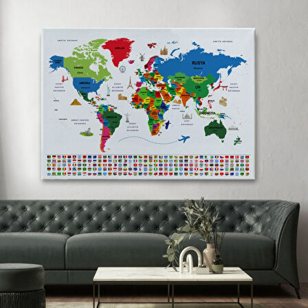 Ülke Başkentli ve Bayraklı Türkçe Dünya Haritası Dekoratif Kanvas Tablo, Duvar Dekoru 1962