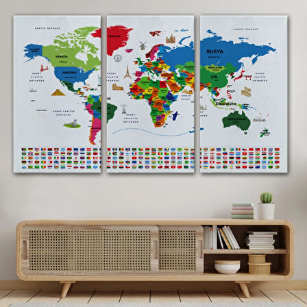 Ülke Başkentli ve Bayraklı Türkçe Dünya Haritası Dekoratif Kanvas Tablo, Duvar Dekoru 1962