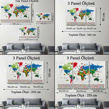 Ülke Başkentli ve Bayraklı Türkçe Dünya Haritası Dekoratif Kanvas Tablo, Duvar Dekoru 1962