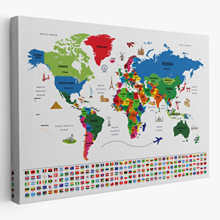 Ülke Başkentli ve Bayraklı İngilizce Dünya Haritası Dekoratif Kanvas Tablo, Duvar Dekoru 1963