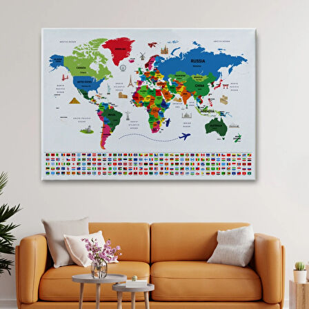 Ülke Başkentli ve Bayraklı İngilizce Dünya Haritası Dekoratif Kanvas Tablo, Duvar Dekoru 1963