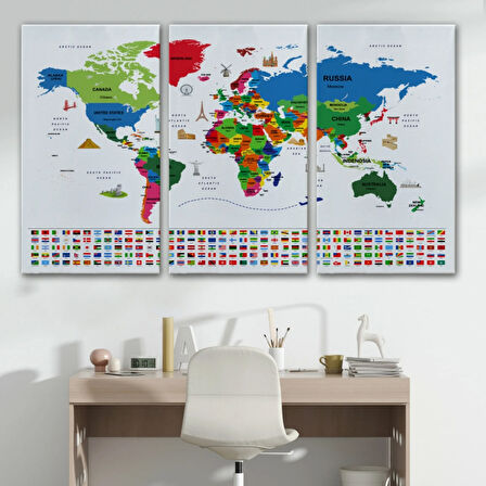 Ülke Başkentli ve Bayraklı İngilizce Dünya Haritası Dekoratif Kanvas Tablo, Duvar Dekoru 1963