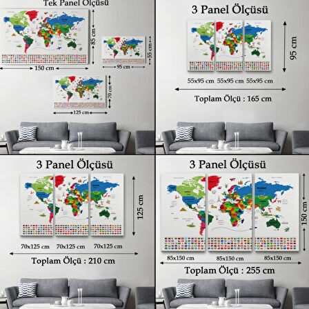 Ülke Başkentli ve Bayraklı İngilizce Dünya Haritası Dekoratif Kanvas Tablo, Duvar Dekoru 1963