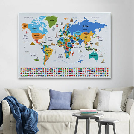 Ülke Başkentli ve Bayraklı Türkçe Dünya Haritası Dekoratif Kanvas Tablo, Duvar Dekoru 1966