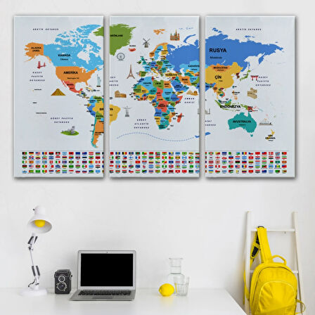 Ülke Başkentli ve Bayraklı Türkçe Dünya Haritası Dekoratif Kanvas Tablo, Duvar Dekoru 1966