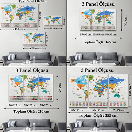 Ülke Başkentli ve Bayraklı Türkçe Dünya Haritası Dekoratif Kanvas Tablo, Duvar Dekoru 1966