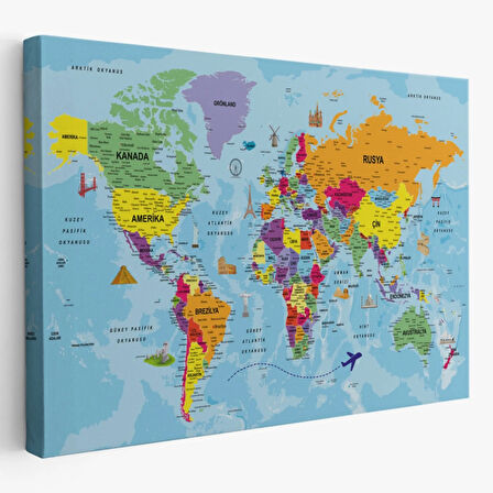 Detaylı Türkçe Dünya Haritası, Harita Dekoratif Kanvas Tablo, Duvar Dekoru 1989