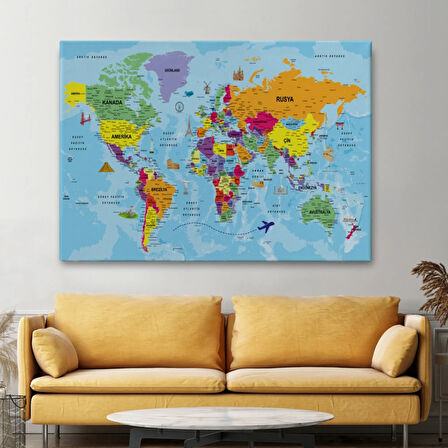 Detaylı Türkçe Dünya Haritası, Harita Dekoratif Kanvas Tablo, Duvar Dekoru 1989