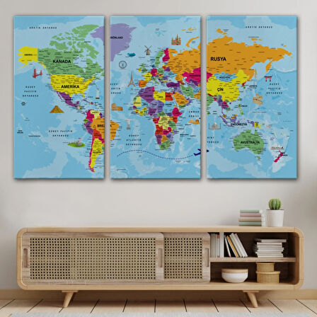 Detaylı Türkçe Dünya Haritası, Harita Dekoratif Kanvas Tablo, Duvar Dekoru 1989
