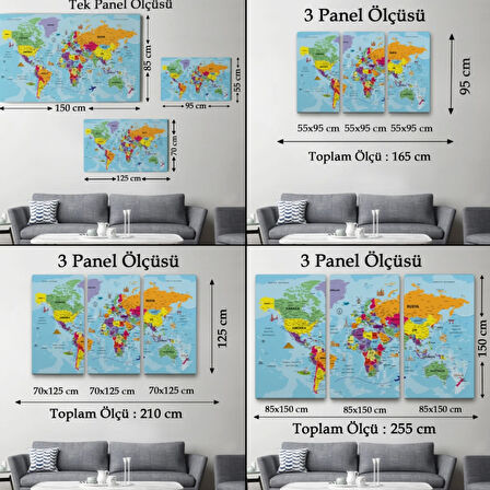 Detaylı Türkçe Dünya Haritası, Harita Dekoratif Kanvas Tablo, Duvar Dekoru 1989