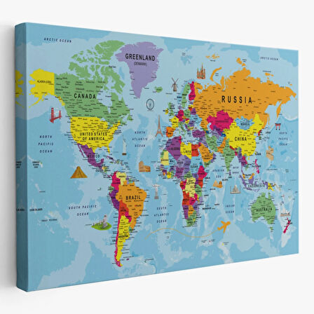 Detaylı ve Okyanuslu İngilizce Dünya Haritası, Harita Dekoratif Kanvas Tablo, Duvar Dekoru 1990