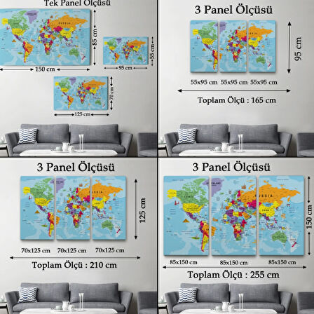 Detaylı ve Okyanuslu İngilizce Dünya Haritası, Harita Dekoratif Kanvas Tablo, Duvar Dekoru 1990