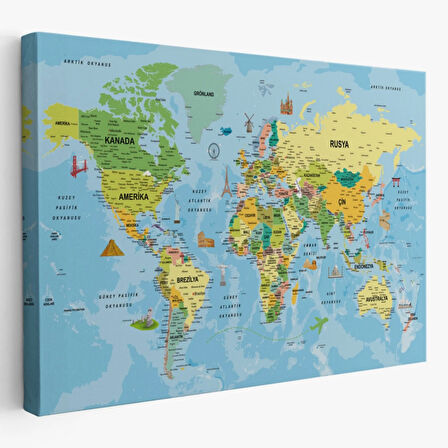 Detaylı Türkçe Dünya Haritası, Harita Dekoratif Kanvas Tablo, Duvar Dekoru 1991