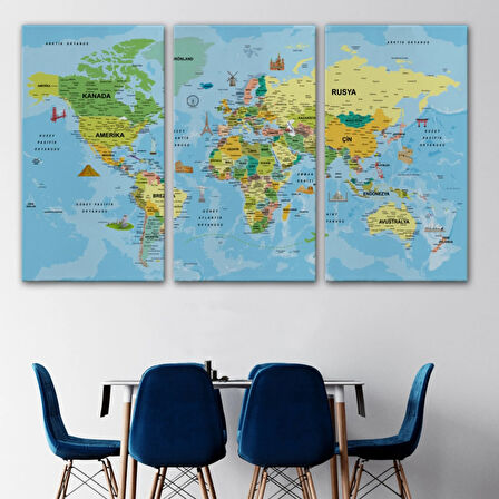 Detaylı Türkçe Dünya Haritası, Harita Dekoratif Kanvas Tablo, Duvar Dekoru 1991