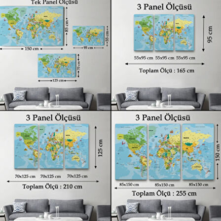 Detaylı Türkçe Dünya Haritası, Harita Dekoratif Kanvas Tablo, Duvar Dekoru 1991