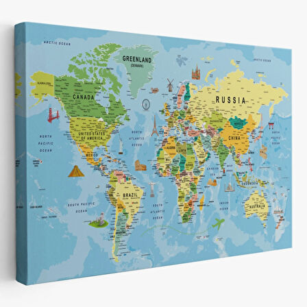 Detaylı İngilizce Dünya Haritası, Harita Dekoratif Kanvas Tablo, Duvar Dekoru 1992