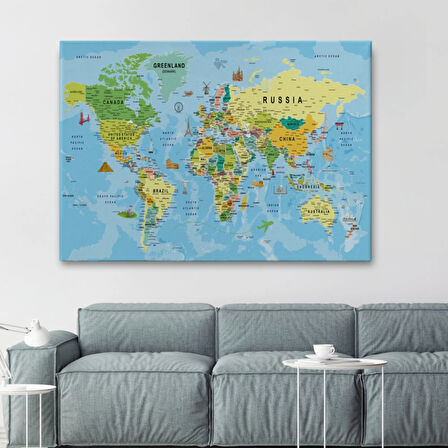 Detaylı İngilizce Dünya Haritası, Harita Dekoratif Kanvas Tablo, Duvar Dekoru 1992