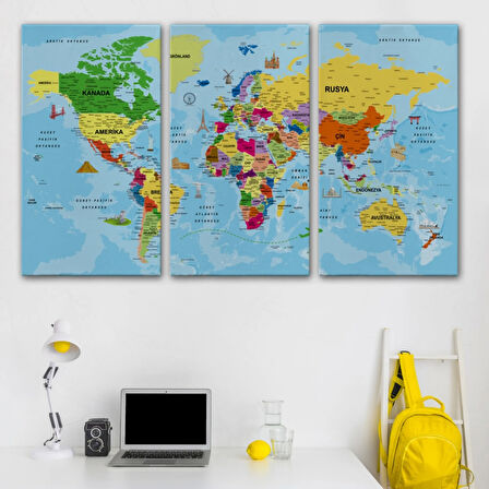 Detaylı Türkçe Dünya Haritası, Harita Dekoratif Kanvas Tablo, Duvar Dekoru 1995