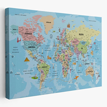Detaylı Türkçe Dünya Haritası, Harita Dekoratif Kanvas Tablo, Duvar Dekoru 2012