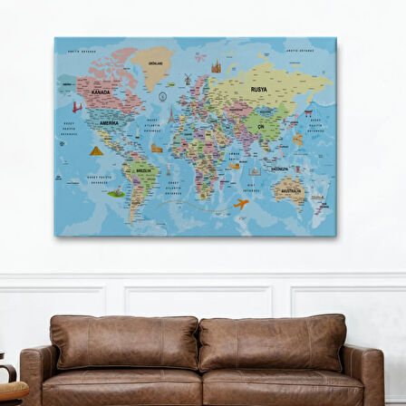 Detaylı Türkçe Dünya Haritası, Harita Dekoratif Kanvas Tablo, Duvar Dekoru 2012