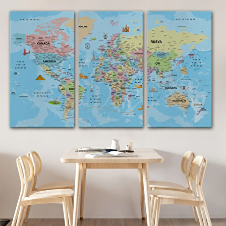 Detaylı Türkçe Dünya Haritası, Harita Dekoratif Kanvas Tablo, Duvar Dekoru 2012