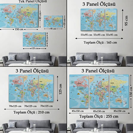 Detaylı Türkçe Dünya Haritası, Harita Dekoratif Kanvas Tablo, Duvar Dekoru 2012