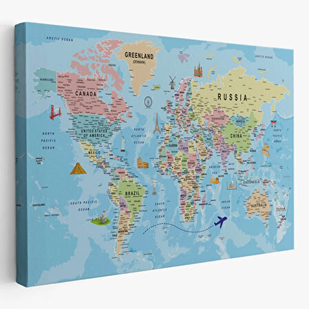 Detaylı İngilizce Dünya Haritası, Harita Dekoratif Kanvas Tablo, Duvar Dekoru 2013