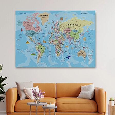 Detaylı İngilizce Dünya Haritası, Harita Dekoratif Kanvas Tablo, Duvar Dekoru 2013