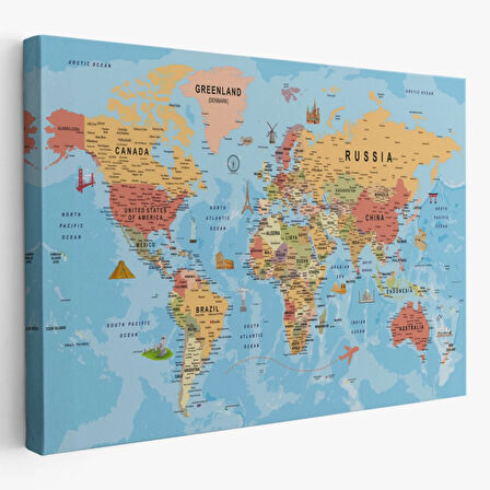 Detaylı İngilizce Dünya Haritası, Harita Dekoratif Kanvas Tablo, Duvar Dekoru 2015