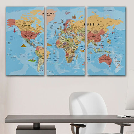 Detaylı İngilizce Dünya Haritası, Harita Dekoratif Kanvas Tablo, Duvar Dekoru 2015