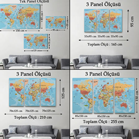 Detaylı İngilizce Dünya Haritası, Harita Dekoratif Kanvas Tablo, Duvar Dekoru 2015
