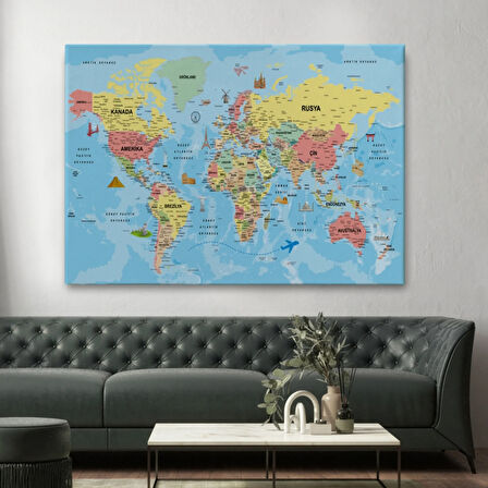 Detaylı Türkçe Dünya Haritası, Harita Dekoratif Kanvas Tablo, Duvar Dekoru 2018