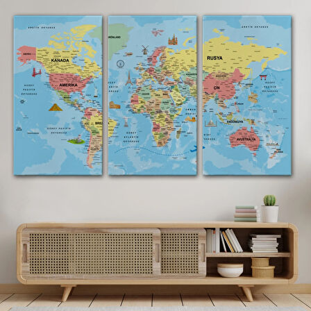 Detaylı Türkçe Dünya Haritası, Harita Dekoratif Kanvas Tablo, Duvar Dekoru 2018