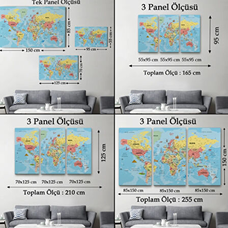 Detaylı Türkçe Dünya Haritası, Harita Dekoratif Kanvas Tablo, Duvar Dekoru 2018