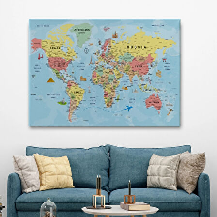 Ünlü Yerler Eğitici İngilizce Dünya Haritası Dekoratif Kanvas Tablo, Duvar Dekoru 2019