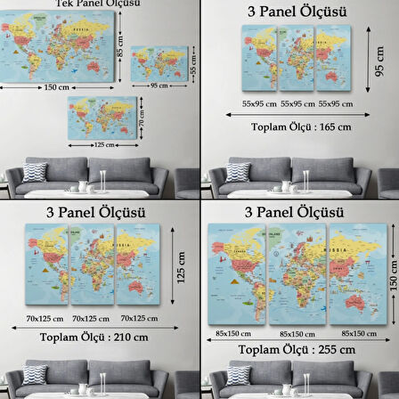 Ünlü Yerler Eğitici İngilizce Dünya Haritası Dekoratif Kanvas Tablo, Duvar Dekoru 2019