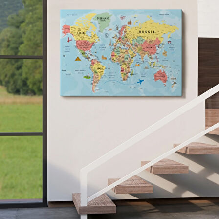 Ünlü Yerler Eğitici İngilizce Dünya Haritası Dekoratif Kanvas Tablo, Duvar Dekoru 2019