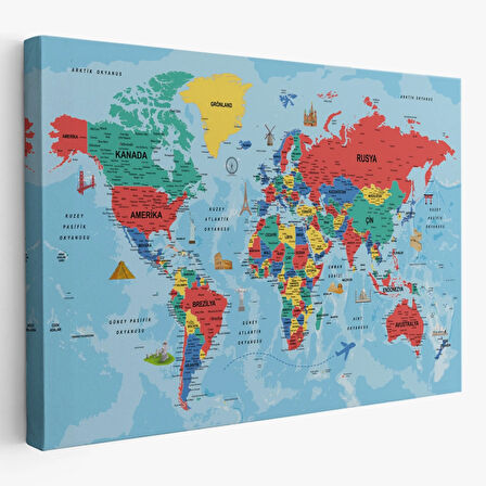 Ünlü Yerler ve Sembolleri Eğitici Türkçe Dünya Haritası Dekoratif Kanvas Tablo, Duvar Dekoru 2020