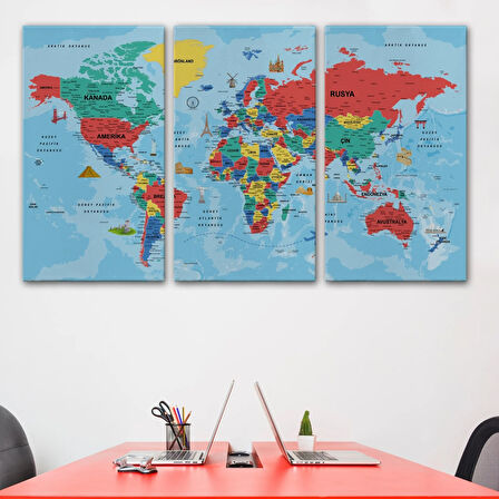 Ünlü Yerler ve Sembolleri Eğitici Türkçe Dünya Haritası Dekoratif Kanvas Tablo, Duvar Dekoru 2020