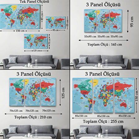 Ünlü Yerler ve Sembolleri Eğitici Türkçe Dünya Haritası Dekoratif Kanvas Tablo, Duvar Dekoru 2020