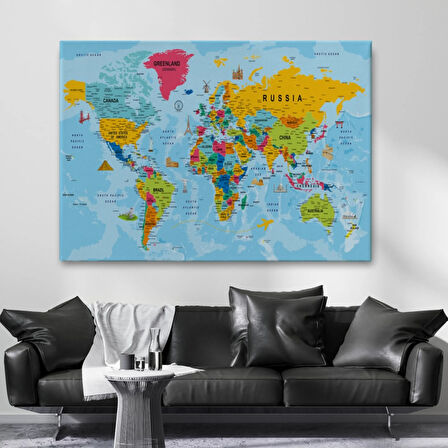 Detaylı İngilizce Dünya Haritası, Harita Dekoratif Kanvas Tablo, Duvar Dekoru 2023