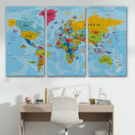 Detaylı İngilizce Dünya Haritası, Harita Dekoratif Kanvas Tablo, Duvar Dekoru 2023