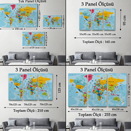 Detaylı İngilizce Dünya Haritası, Harita Dekoratif Kanvas Tablo, Duvar Dekoru 2023